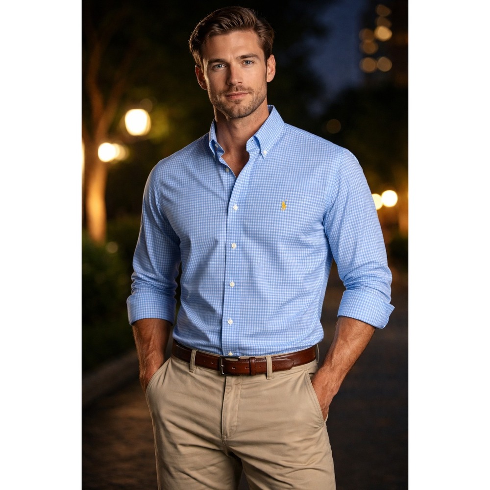 RALPH LAUREN Men's Large Blue White Check Long Sleeve Shirt -2475